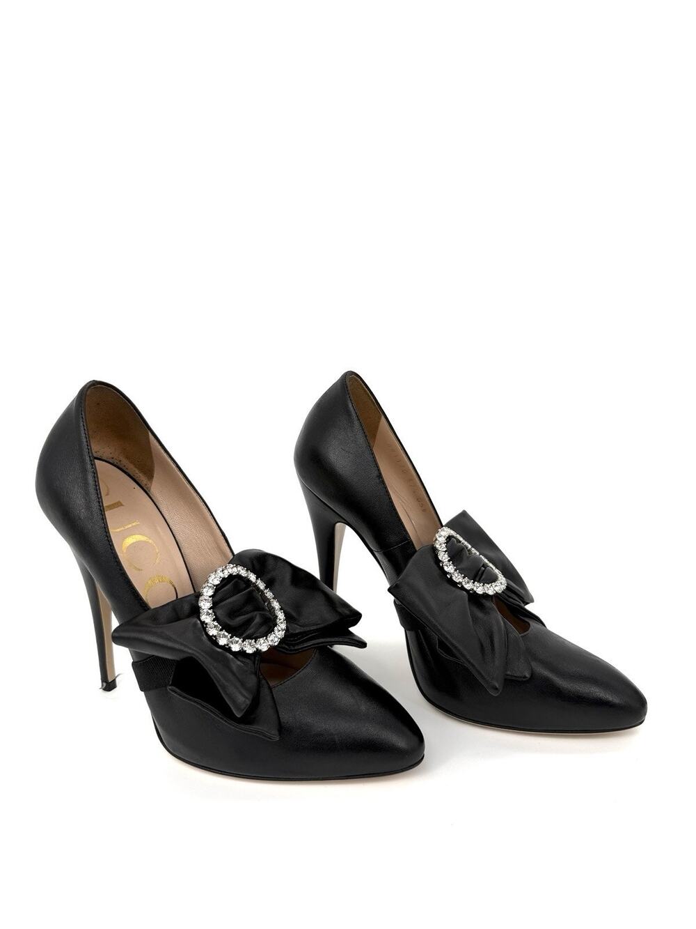 Gucci Elaisa Pump EU 37.5 US 7.5 Black Leather Removable Crystal Bow
